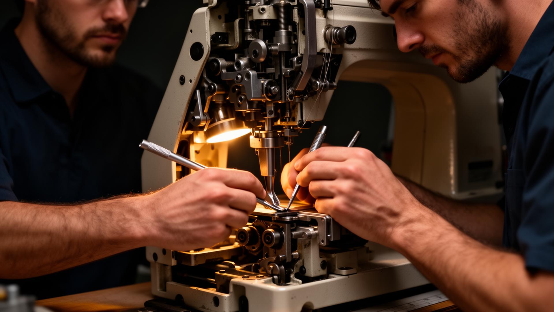 Técnicos especializados realizando manutenção em máquina industrial